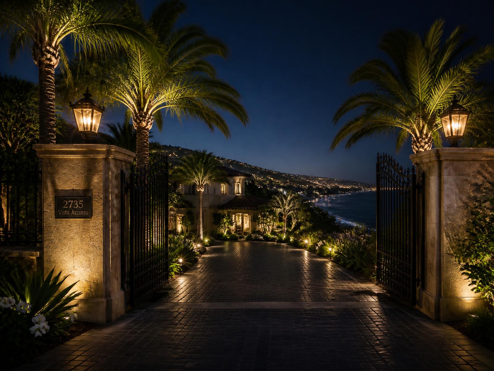 Gated coastal estate entrance in Laguna Beach at night